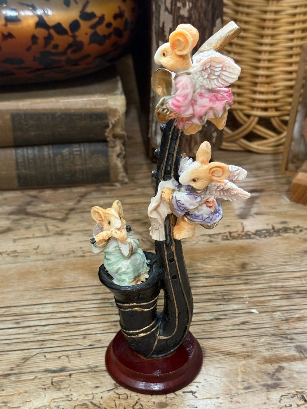 Resin Mice Angels Climbing a Saxophone Figurine